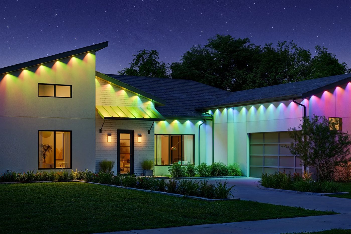 Modern home with rainbow roofline lights