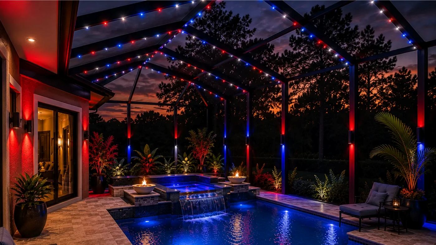 Pool cage with red, white and blue lights at dusk