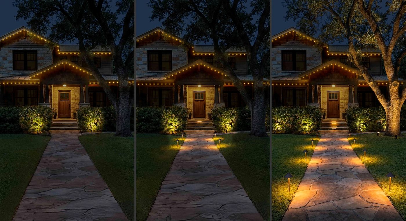 The same home in three steps: warm white roofline, then pathway lights, then a lit tree